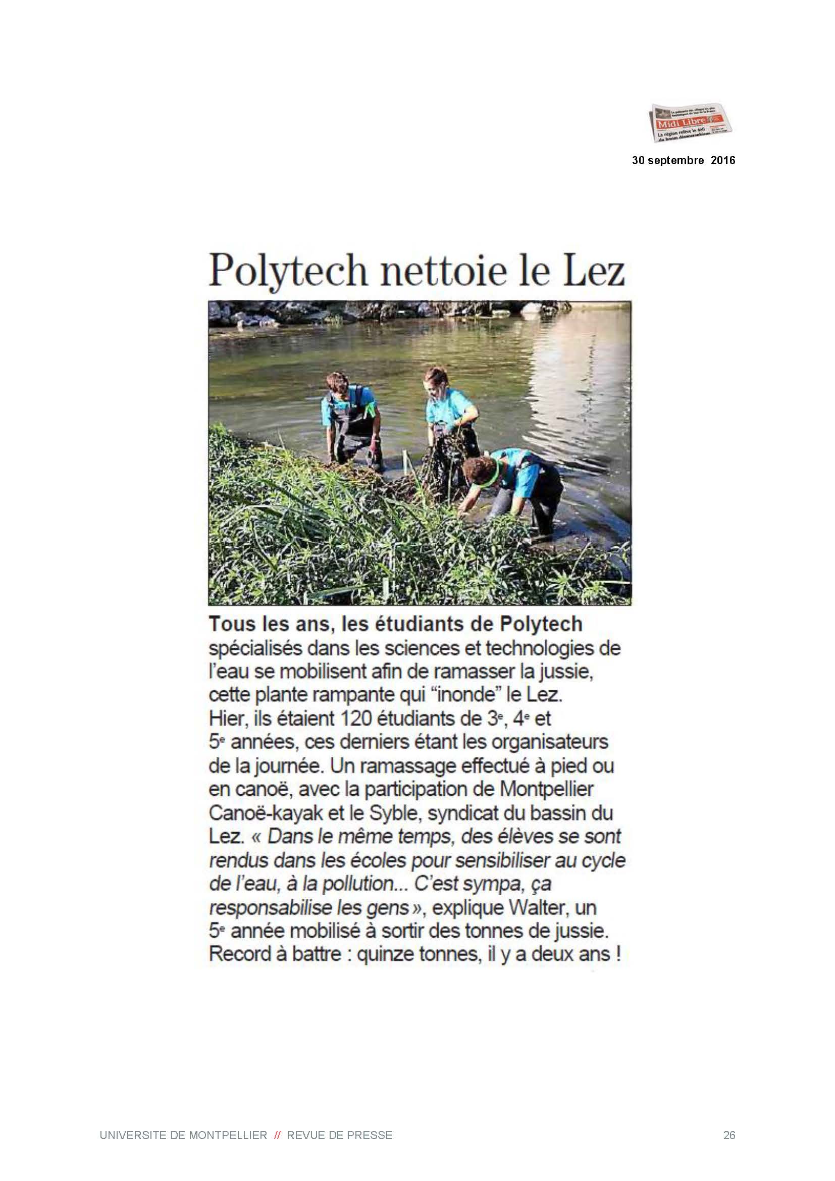 Midi Libre polytech nettoie le lez 30 09 2016